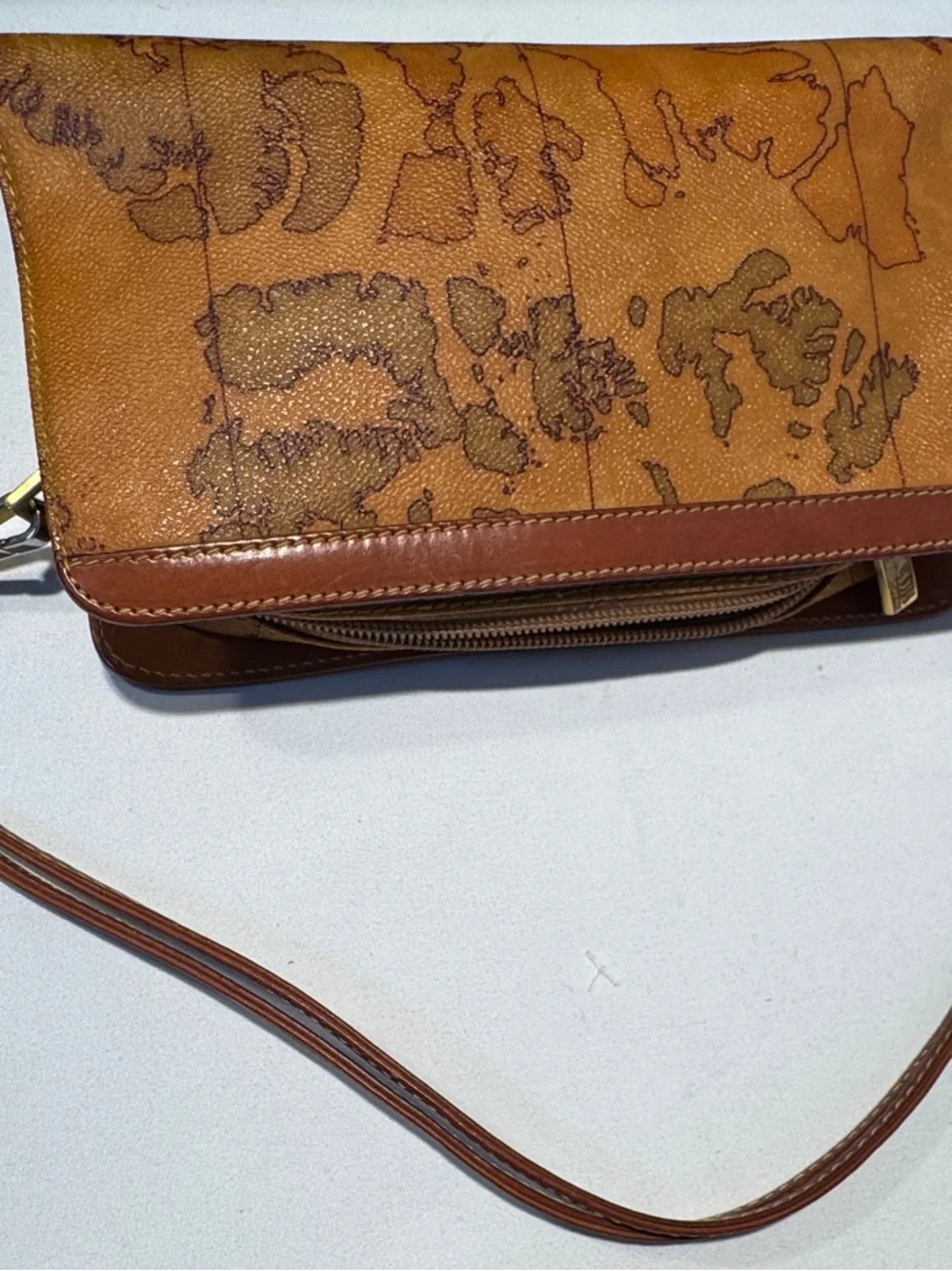 Alviero Martini Brown Map-Print Leather Messenger Bag